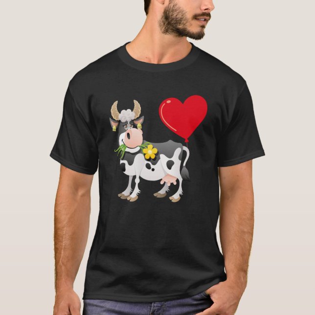 Cow With Heart Balloon Valentines Day Love Boys T Shirt (Framsida)