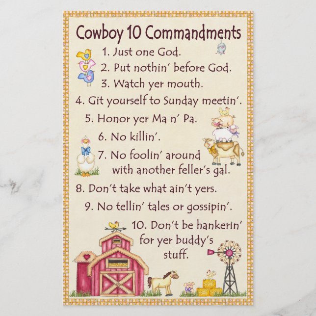 Cowboy 10 Commandments - Farm Roligt Brevpapper (Framsida)