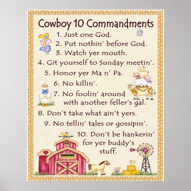 Cowboy 10 Commandments - Farm Roligt (vid) Poster (Framsidan)