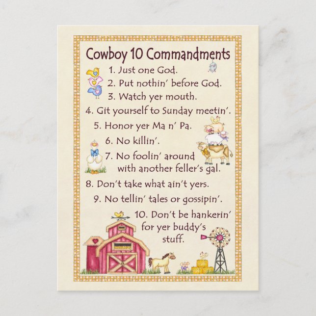 Cowboy 10 Commandments - Farm Vykort (Framsida)