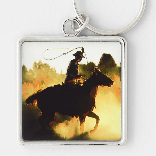 Cowboy 1 Keychain Fyrkantig Silverfärgad Nyckelring (Framsidan)
