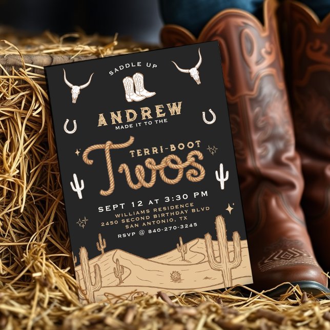 Cowboy 2nd Birthday Party Terri-Boot Twos Black Inbjudningar (Cowboy 2nd Birthday Party Terri-Boot Twos Western Invitation
)