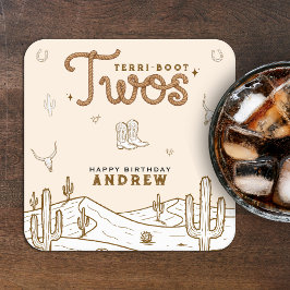 Cowboy 2nd Birthday Party Terri-Boot Twos Western Underlägg Papper Kvadrat