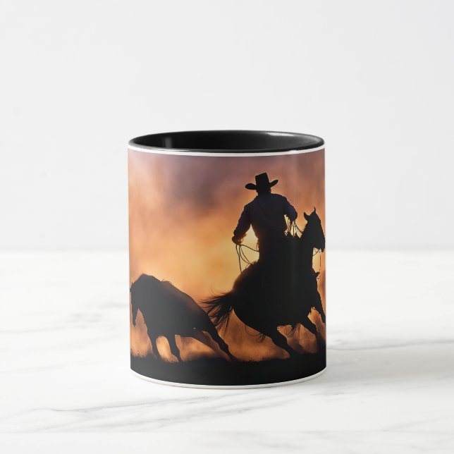 Cowboy and Cining Horse Bull Bull Sunset Mugg (Center)