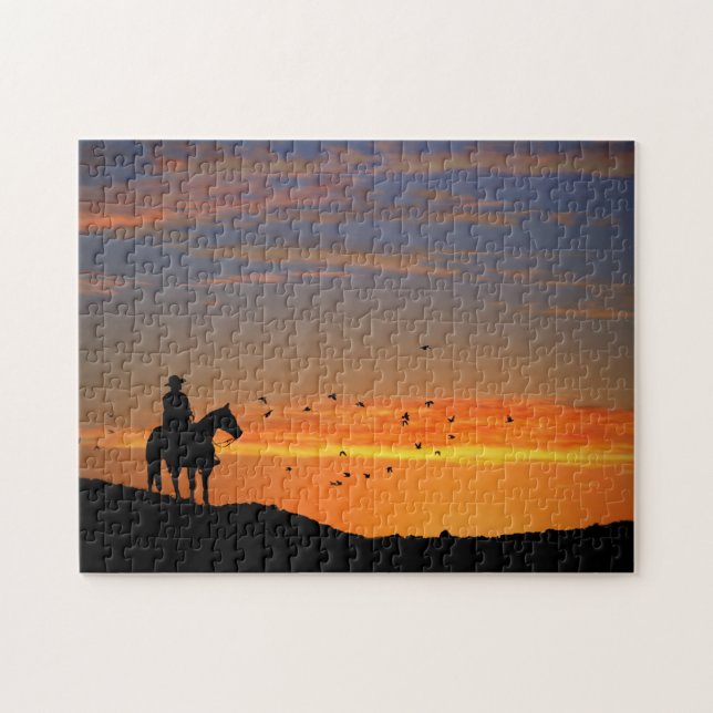 Cowboy and Horse in Sunset Western Pussel (Horisontell)