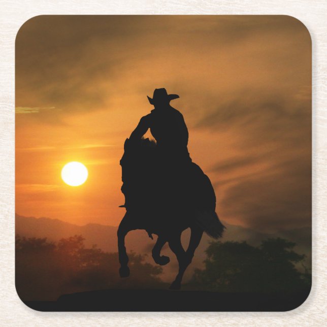 Cowboy and Horse in the Sunset Underlägg Papper Kvadrat (Framsidan)