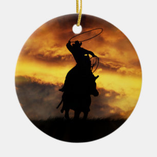 Cowboy and Horse Roping Sunset Julafton Julgransprydnad Keramik