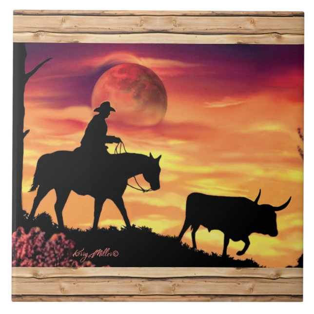 Cowboy and Longhorn Steer Ceramic Tile Kakelplatta (Framsidan)