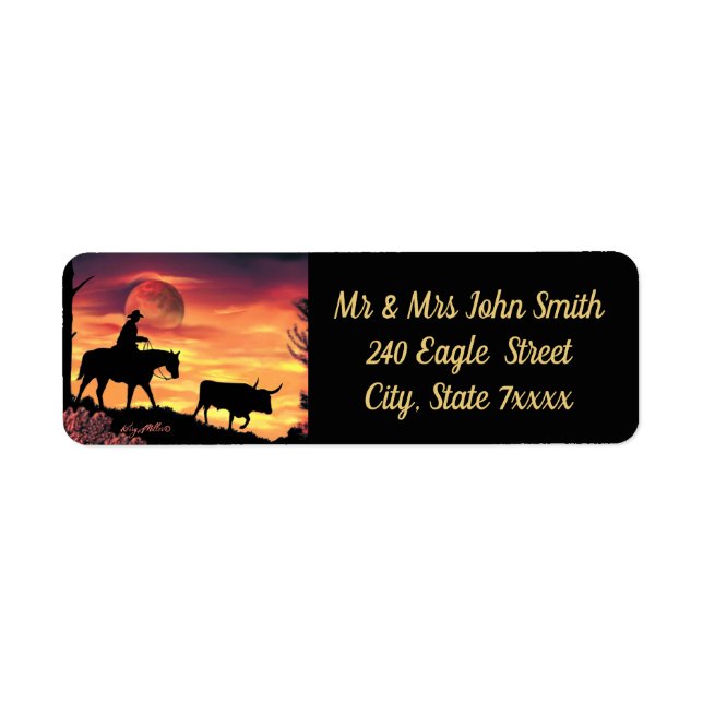 Cowboy and Longhorn Steer Label Returadress Etikett (Framsidan)