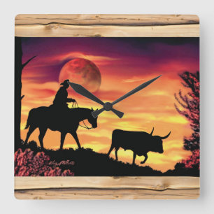 Cowboy and Longhorn Steer Square Wall Clock Fyrkantig Klocka