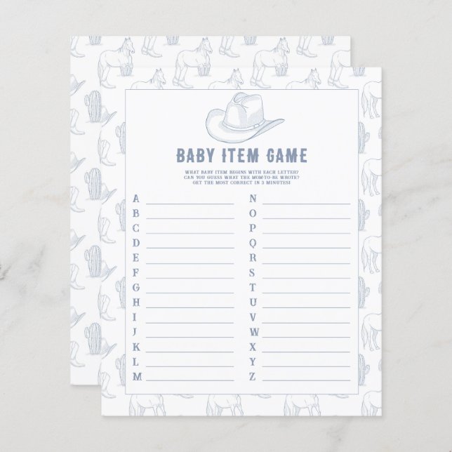 Cowboy - Baby Item Game. Baby Shower-spel (Fram/baksida)