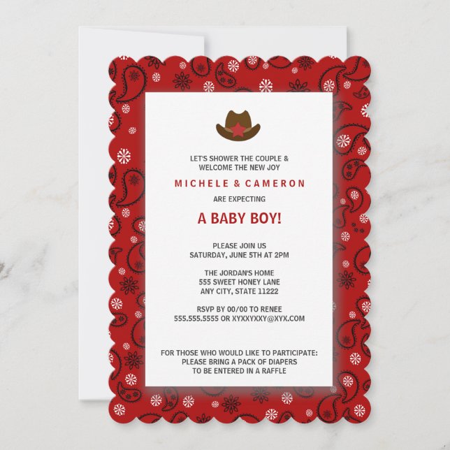 Cowboy Baby Shower Inbjudan WESTERNARE RED BANDANA (Framsida)