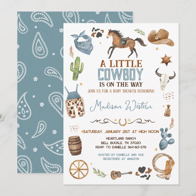 Cowboy Baby Shower Inbjudningar (Fram/baksida)