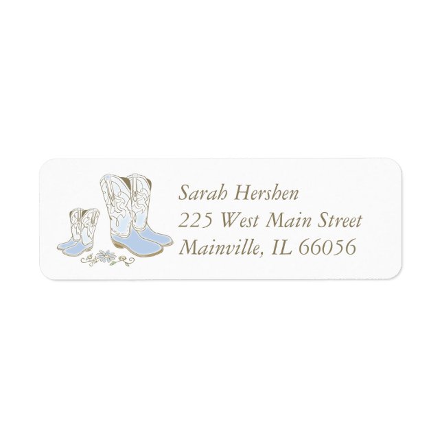 Cowboy Baby Shower Land Western Blue Boy Returadress Etikett (Framsidan)
