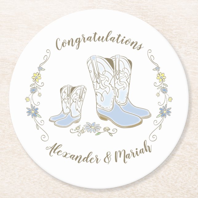 Cowboy Baby Shower Land Western Blue Boy Underlägg Papper Rund (Framsidan)