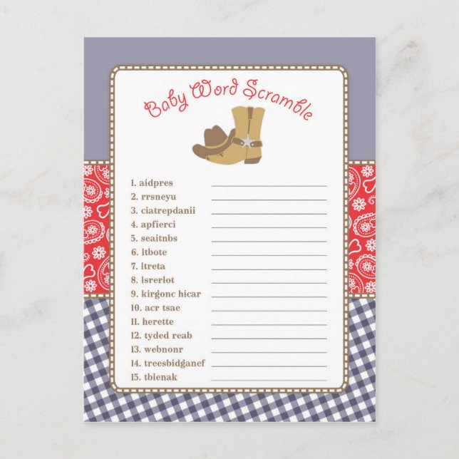 Cowboy Baby Shower Ord Scramble Game Inbjudan Vykort (Framsida)
