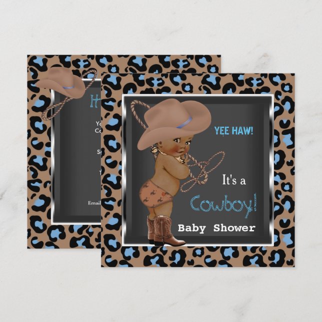 Cowboy Baby Shower Pojke Blå Brun Etnisk Inbjudningar (Fram/baksida)