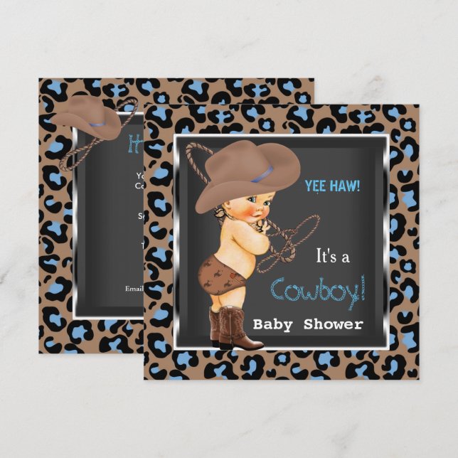 Cowboy Baby Shower Pojke Blå Brun Inbjudningar (Fram/baksida)