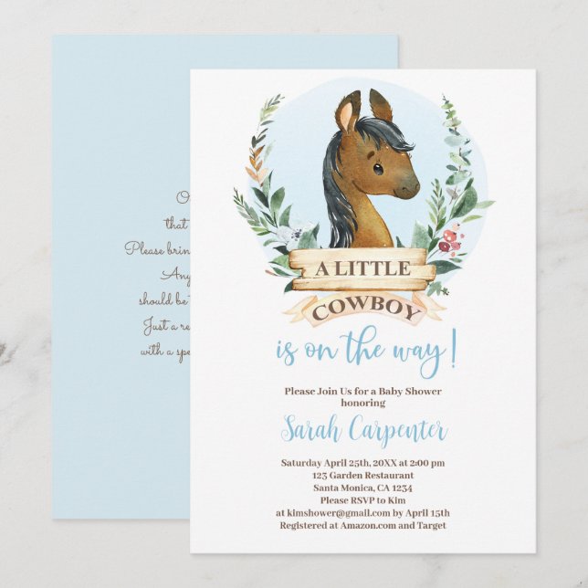 Cowboy Baby Shower-pojkinbjudan Inbjudningar (Fram/baksida)
