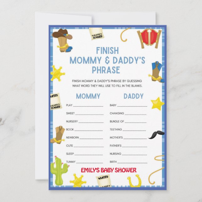 Cowboy Baby Shower-spel - redigerbart Namn, 5 x 7  Inbjudningar (Framsida)
