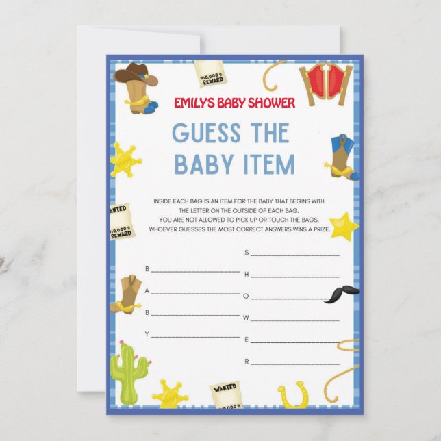Cowboy Baby Shower-spel - redigerbart Namn, 5 x 7  Inbjudningar (Framsida)