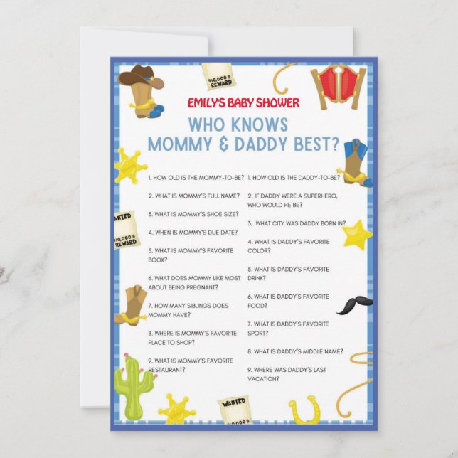 Cowboy Baby Shower-spel - redigerbart Namn, 5 x 7  Inbjudningar (Framsida)