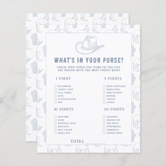 Cowboy Baby Shower - Vad är det i din handväska? (Fram/baksida)