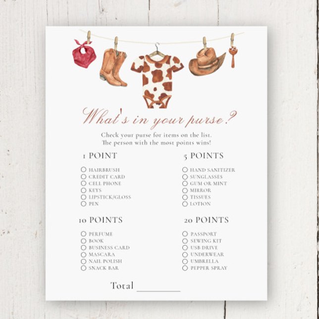 Cowboy baby shower - What's in your purse game (Skapare uppladdad)