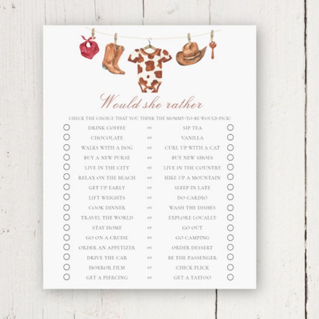 Cowboy baby shower Would she rather (Skapare uppladdad)