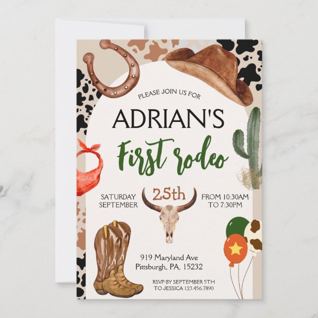 Cowboy Birthday 1st Rodeo Födelsedagsfest Inbjudningar (Framsida)
