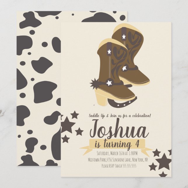Cowboy Birthday Cow Print Brown Beige-inbjudan Inbjudningar (Fram/baksida)