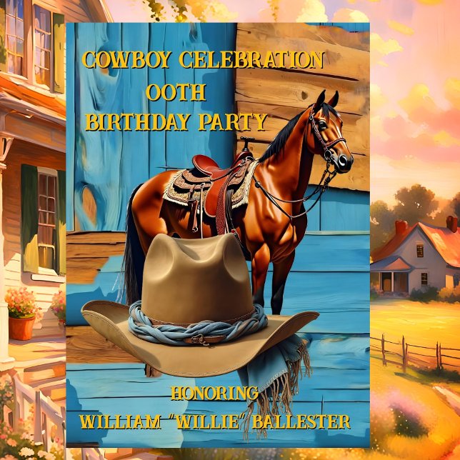 Cowboy Birthday Party Barn Horse Hat blue brown Inbjudningar (Skapare uppladdad)
