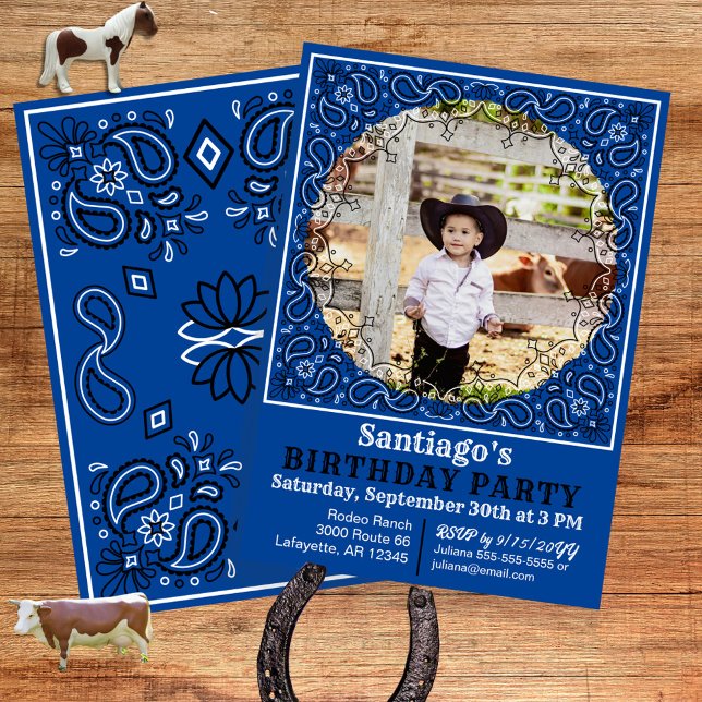 Cowboy Blue Bandana Photo Birthday-inbjudan Inbjudningar (For your cowboy or cowgirl theme birthday a unique blue western bandana style photo invite.)