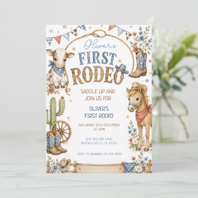 Cowboy Blue Första Rodeo Födelsedagsinbjudan Inbjudningar (Stående Fram)