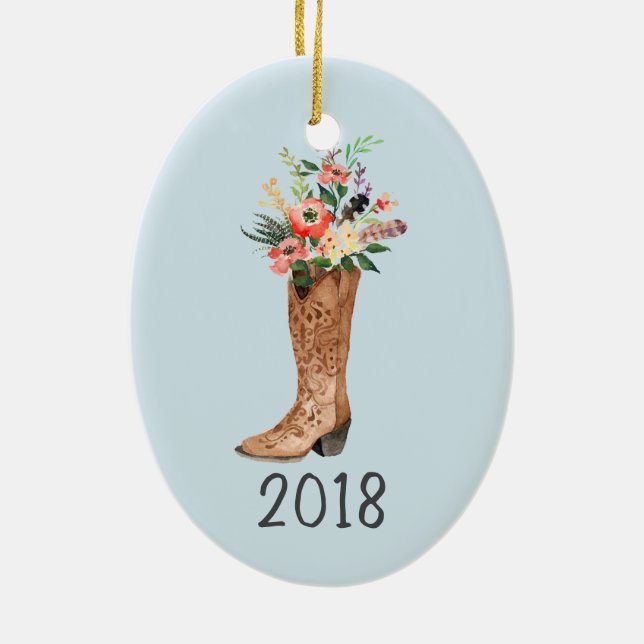 Cowboy Boot Bouquet Keepsakyår Julgransprydnad Keramik (Baksidan)