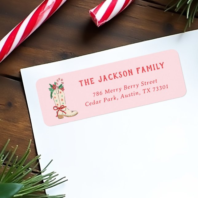 Cowboy Boot Country Jul Returadress Etikett (country Christmas address labels with cowboy boot illustration)