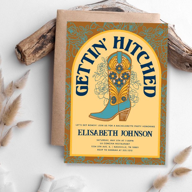 Cowboy Boot Gifter Sig Spenarparty Inbjudningar (Cowboy Boot Gettin' Hitched Bachelorette Party Invitation)