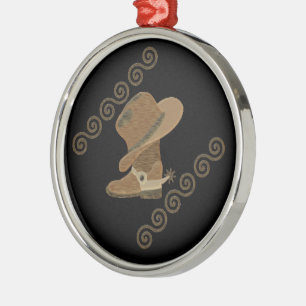 Cowboy Boot och hatt av trä Inlay Julgransprydnad Metall