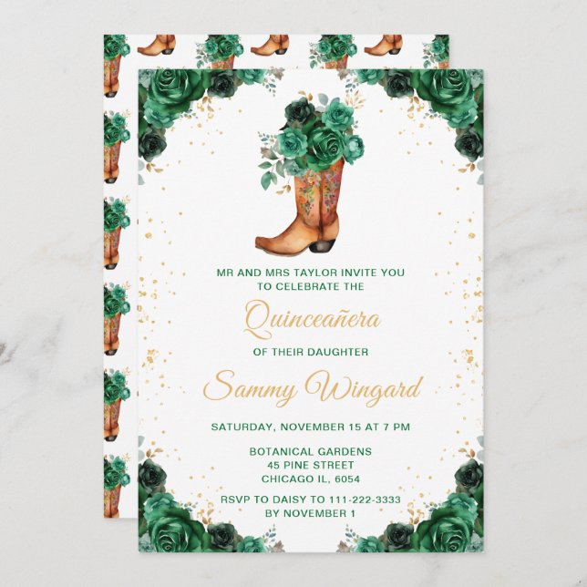 Cowboy Boot Quinceañera, mörk grönt och Guld Blomm Inbjudningar (Fram/baksida)