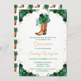 Cowboy Boot Quinceañera, mörk grönt och Guld Blomm Inbjudningar