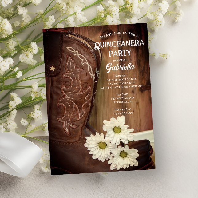 Cowboy Boot White Daisy Western Quinceanera Party Inbjudningar (Skapare uppladdad)