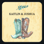 Cowboy Boots Bröllop 🤠 Rustic Western Monogram Fyrkantigt Klistermärke<br><div class="desc">Cowboy Boots Bröllop 🤠 Rustic Western Monogram Land Charm Bröllop — 💍 >>>> 🤠 Saddle med denna westerna, cowgirl och cowboydekal stil! Vårt Westerna bröllop-klistermärke kommer att dekorera kom med en snyggt som du vill ha poster-stil-design där du kan lägga till egen information, skapar dem en roligt och en unik...</div>