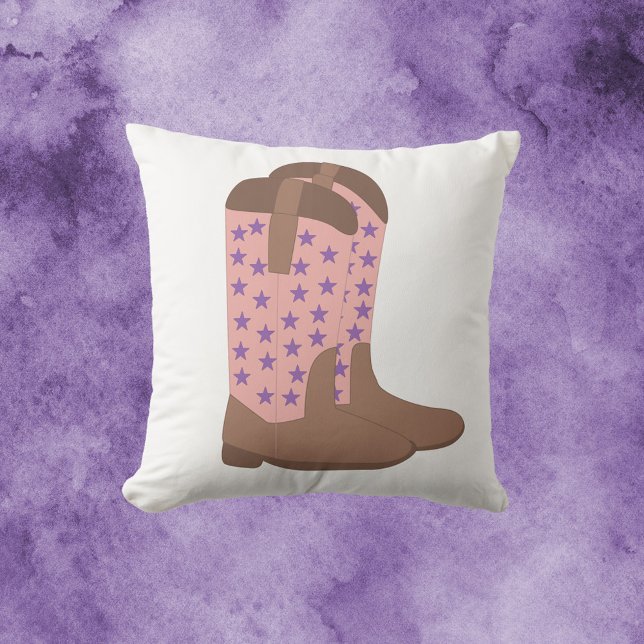 Cowboy Boots Brown Rosa Lila Stars Kudde (A throw pillow with a cowboy boot motif done in pink and brown with purple stars.)