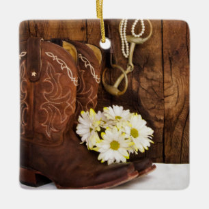 Cowboy Boots, Daisy Horse Bit Landsbyggsbröllop Julgransprydnad Keramik