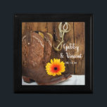 Cowboy Boots, Daisy Horse Bit Westerna Bröllop Minnesask<br><div class="desc">En personlig Cowboy Boots, Daisy och Horse Bit Landsbyggsbröllop Gift Box gör en unik keepsakpresentgåva för de nyfödda eller en tack för din gåva till bröllop, brudar och brudens sida. Bröllop presentboxen med rustik anpassningsbar har ett digitalt färgfoto av bruna blommigtarna cowboystövlar, orange och gult daisy blomma blommar, pärlhalsband, hästbitars...</div>