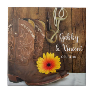 Cowboy Boots, Daisy och Horse Bit Westernare Bröll Kakelplatta