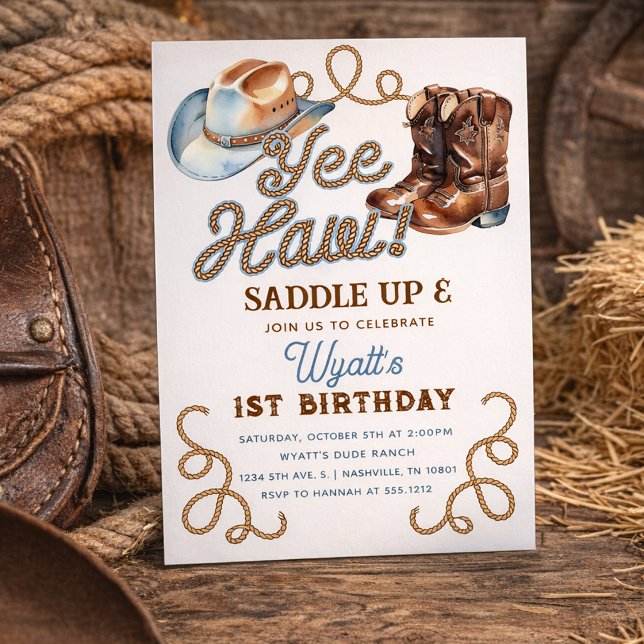 Cowboy Boots First Rodeo Birthday Inbjudningar (Cowboy Boots First Rodeo Birthday Invitation)