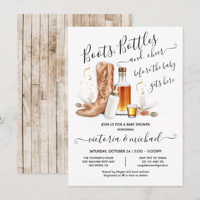 Cowboy Boots Flaskor Baby Shower Inbjudningar (Fram/baksida)