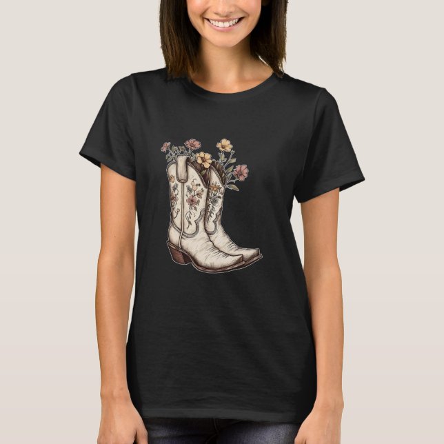 Cowboy Boots Flowers Aesthetic Cowgirl Western Flo T Shirt (Framsida)