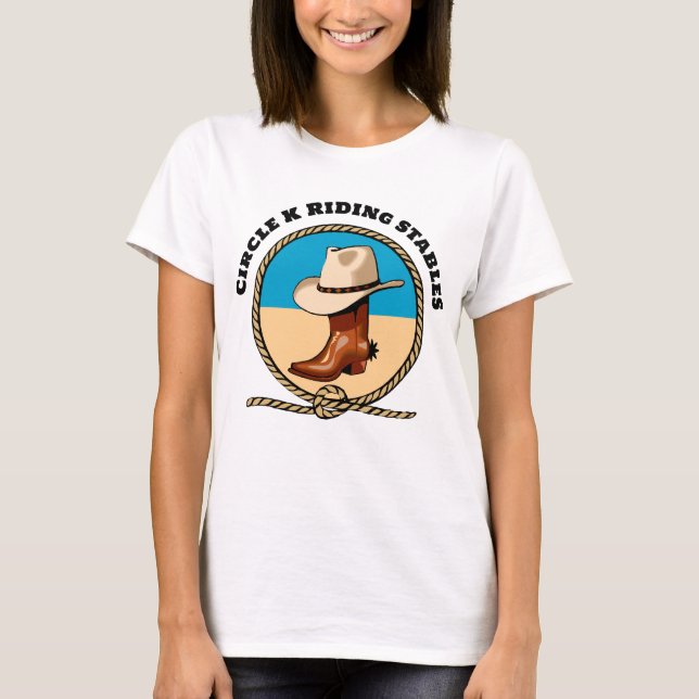 Cowboy Boots Hat Rope Circle K Riding Stables T Shirt (Framsida)